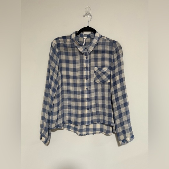 Free People Blue Gingham Plaid Sheer Button-Up Shirt Size Medium Cottage Preppy - Picture 1 of 10
